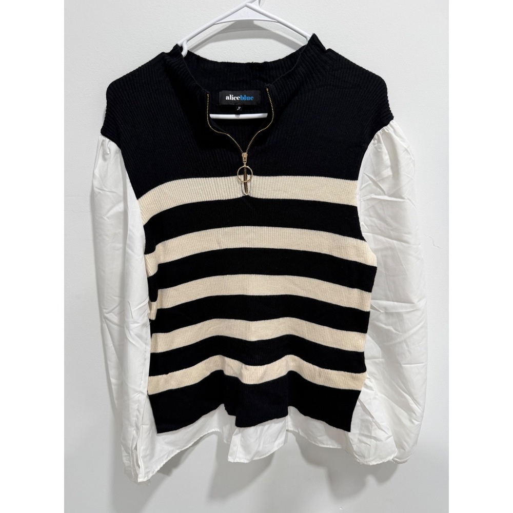 Alice Blue Striped Mixed Media Quarter Zip Sweater Top Black White XL
